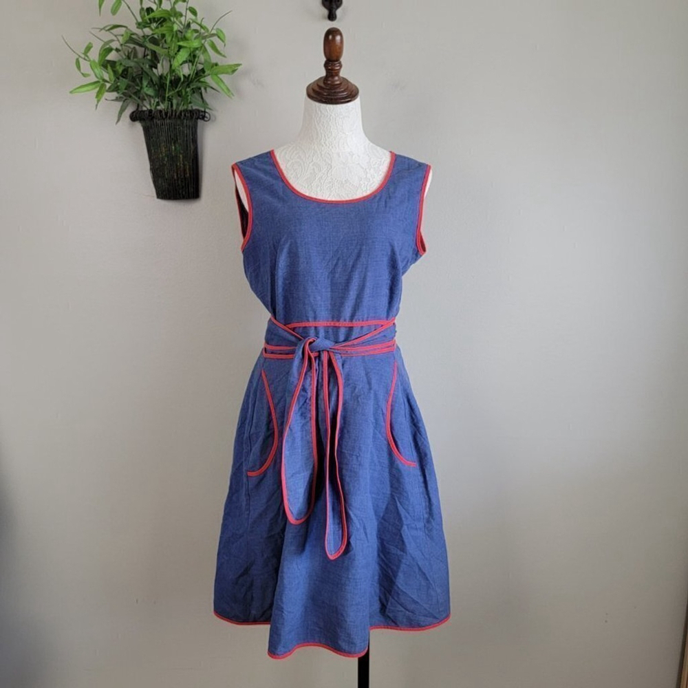 Vintage Midi Dress Fit N Flare 70s Sleeveless Wrap Concept Swirl Chambray M